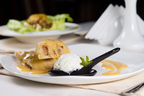 Close Up of Dessert Crepes with Ice Cream — Stock Photo, Image