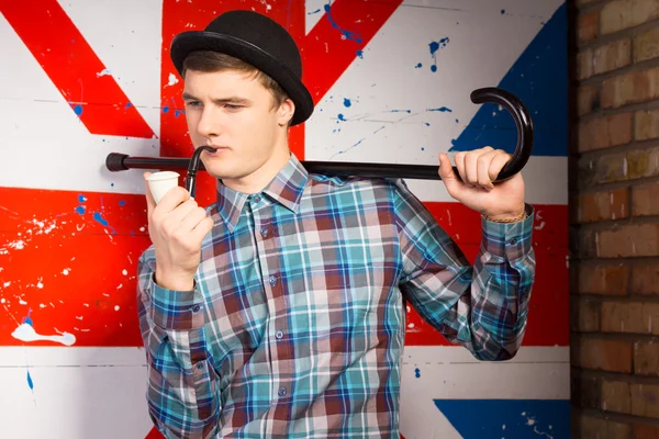 Young Man Posing with Smoking Pipe and Cane — Fotografie, imagine de stoc