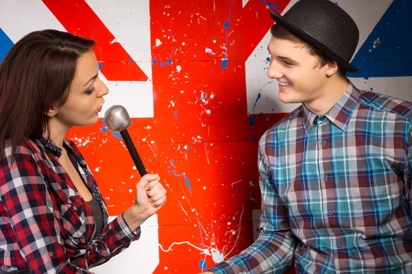 Woman with Microphone Talking To Man — Stock Photo, Image