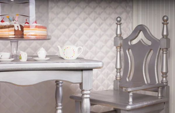 Silver Chair at Dining Table Set for Tea with Cake — Stock Photo, Image