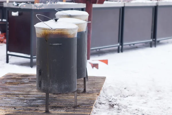 Outdoor Cooking Using Pots on Winter Season — Stock Photo, Image