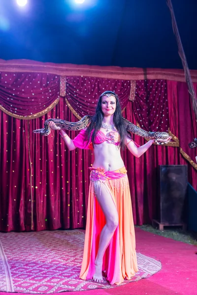 Exotic Belly Dancer with Large Snake on Stage — Stock Photo, Image