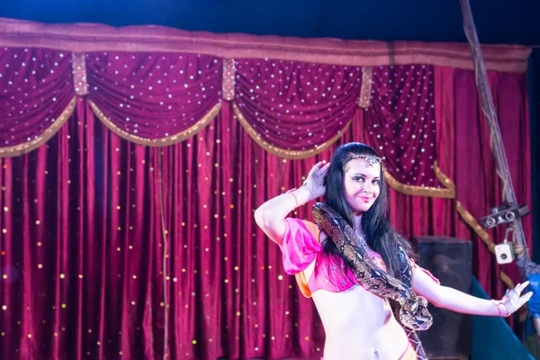 Dançarina de barriga exótica com cobra grande no palco — Fotografia de Stock