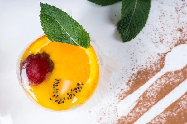 Fruit Dessert Garnished with Mint on White Plate — Stock Photo, Image