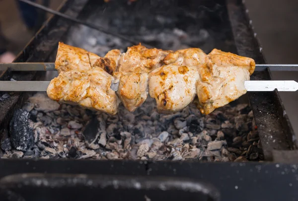 Skewered Meat Cooking Over Hot Grill Coals