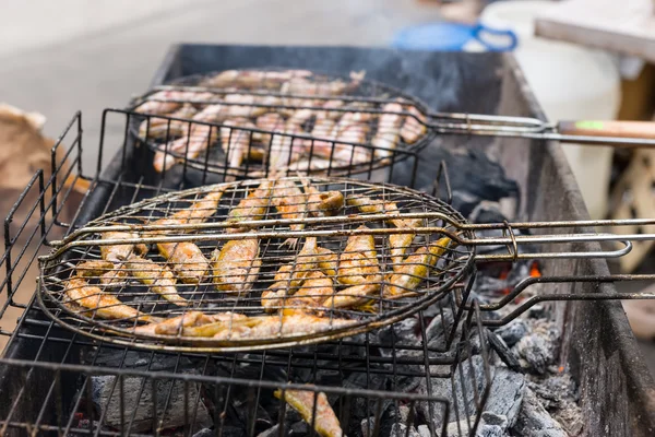 Whole Fish Cooking Over Hot Grill Coals — Stock Photo, Image
