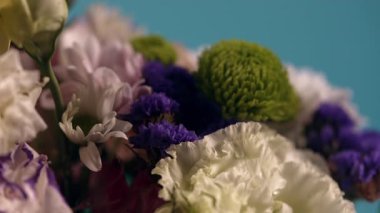 Mavi arka planda karanfiller, şakayıklar ve diğer çiçeklerin yakın çekimi..