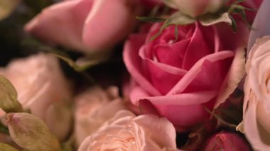 Pembe ve beyaz güller ve tomurcukları bukete yakın çekim.