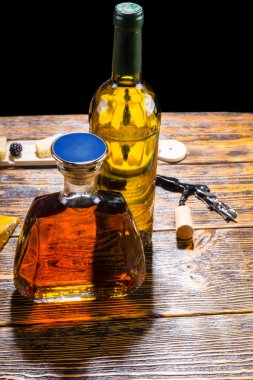 Whiskey decanter and bottle of wine