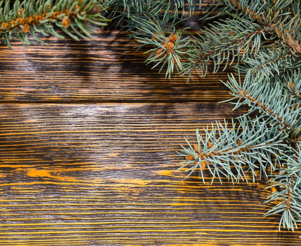 Stálezelené větve na dřevěný stůl — Stock fotografie