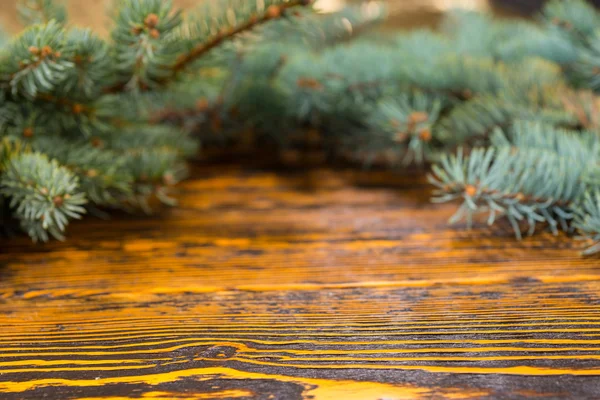 Evergreen Branches on Rustic Wooden Table — Stock fotografie