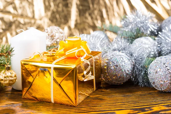 Christmas Gift, Candle and Decorated Evergreens — Stok fotoğraf