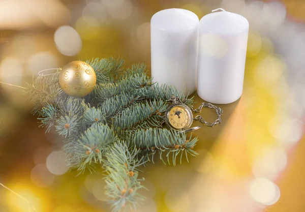 Pocket Watch with Candles and Evergreen Branch — Stok fotoğraf