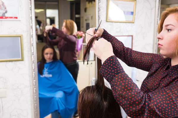 Stylistin schneidet Haare einer brünetten Kundin im Salon — Stockfoto