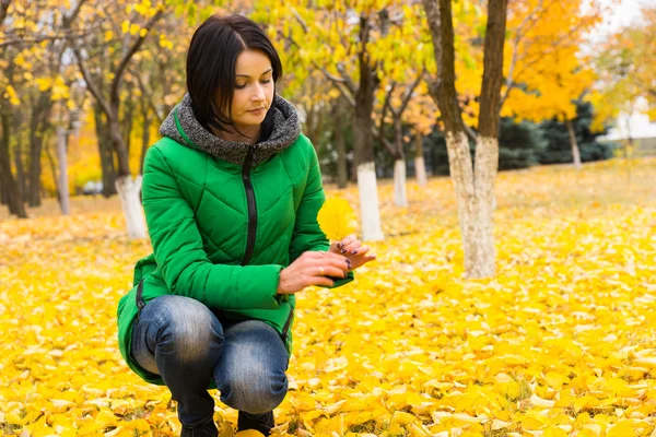 Genç kadın kontrol sarı sonbahar yaprakları — Stok fotoğraf