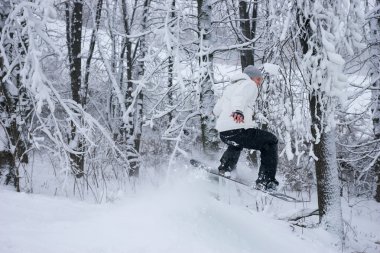 Genç adam ağaçlar snowboard