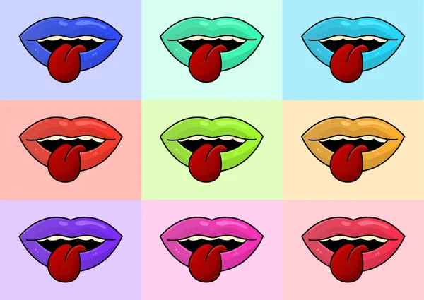 Ouvrir Bouche Femme Avec Langue Sticker Pop Art Cool Avec — Image vectorielle