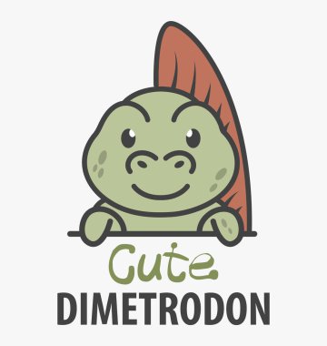 Şirin dimetrodonlu logo şablonu. Paleontoloji müzesi ya da çocuk mağazası için vektör logosu tasarımı şablonu. Karikatür antik dinozor logosu çizimi.