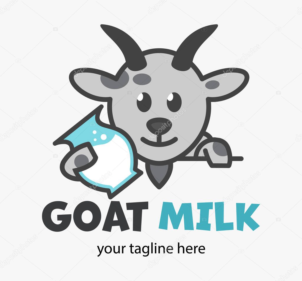 Funny Cute goat holds a milk. Healing natural dairy sign. Design for print, emblem, t-shirt, party decoration, sticker, logotype.