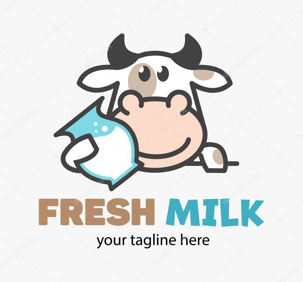 Funny Cute cow holds a milk. Healing natural dairy sign. Design for print, emblem, t-shirt, party decoration, sticker, logotype.