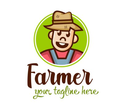 Şirin, komik çiftçi logosu ya da bahçıvan tabelası. Vektör çiftlik karakteri. Tarım kavramı.