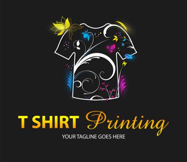 Tişört basımının soyut renkli vektör logo şablonu. Tipografi, baskı, kurumsal kimlik, atölye, markalaşma, fabrika, serigrafi için, siyah arka planda izole edilmiş.