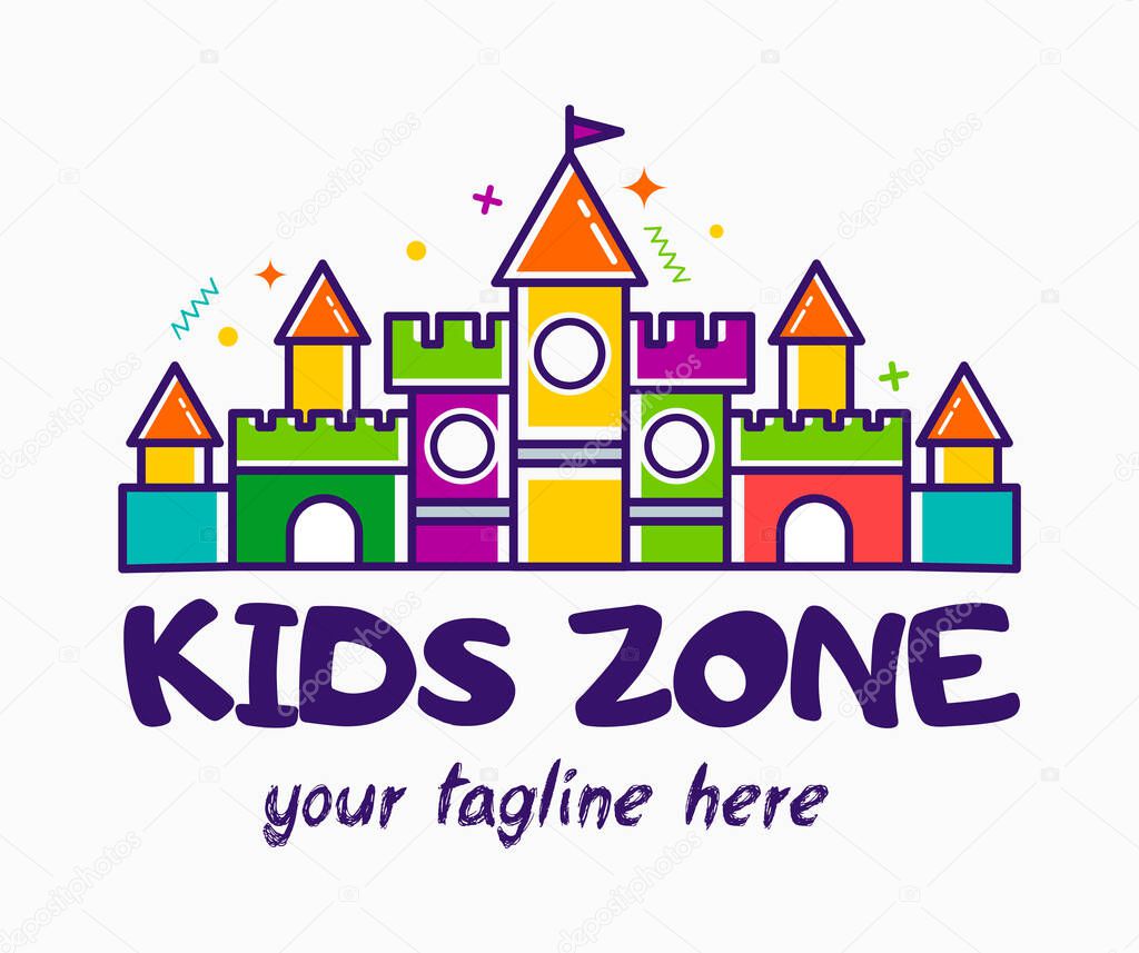 Bouncy castle cartoon logo. Kids zone concept. Children Playground sign.