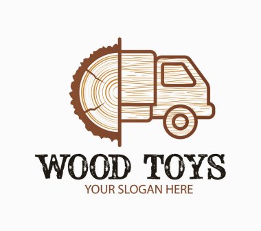 Ahşap desenli, soyut, yaratıcı tahta oyuncaklar logosu. Kütükten oyuncak fikrine. Yazdırma, amblem, tişört, parti dekorasyonu, çıkartma, logotype için tasarım