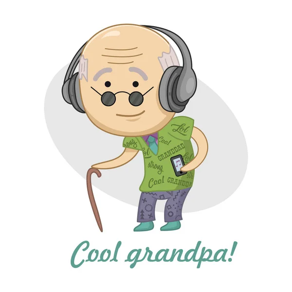 Cool Chibi Grandfather Fashionable Clothes Listens Music Headphones Funny Party — Stock Vector