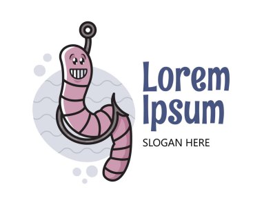 Oltaya takılmış komik bir çizgi film solucanı. Çizgi film tarzında balık tutma konsepti. Balıkçılık günü maskotu.