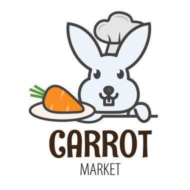 Sevimli bir tavşan havuç tutuyor. Havuç pazarının logosu. Tavşanlı komik bir ikon. 