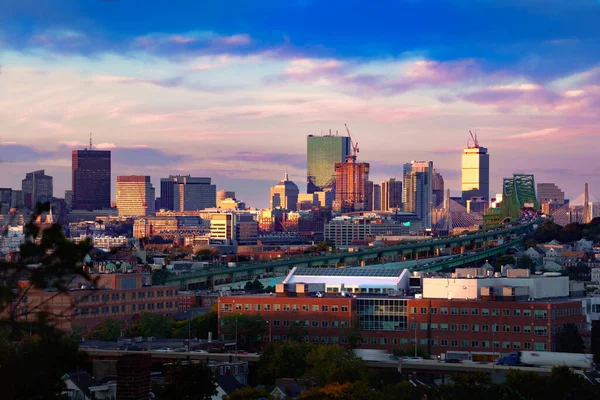 Skyline Cidade Boston Com Pontes Rodovias Entardecer Boston Massachusetts Eua — Fotografia de Stock