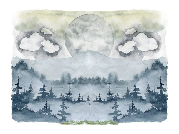 Divoké Lesní Stromy Vysoké Hory Mlze Ručně Kreslené — Stock fotografie