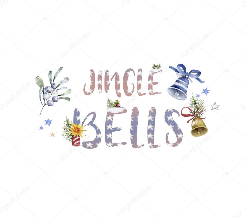 Jingle bells sign icon decorated with shiny golden bell and green leaves with red berries. illustration with Christmas symbol isolated on white