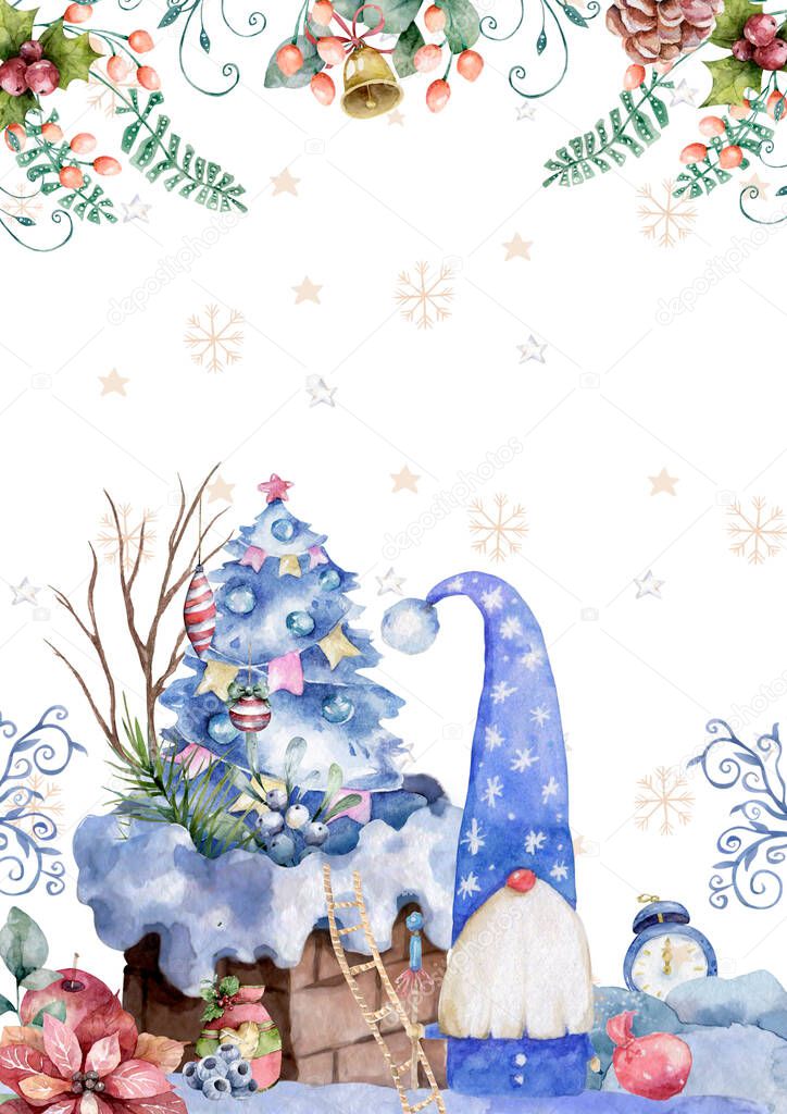 Santa Claus was stuck in the chimney with gifts. illustration of a postcard.