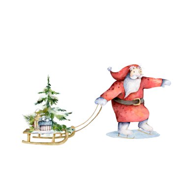 Noel Baba Kızağı ve Geyik Yeni Yıl Mavi Düz İkon Beyaz Arkaplan