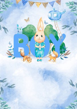 İtfaiyeciler. Tilkilerle oturan fil. Çocuk odası için suluboya çizimi