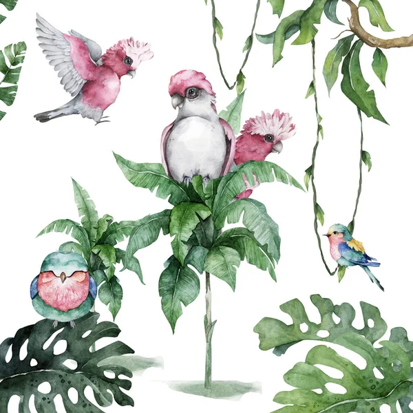 Pembe papağan, kuş ve tropikal yapraklı tropik egzotik illüstrasyon. Beyaz arkaplanda el çizimi suluboya — Stok fotoğraf