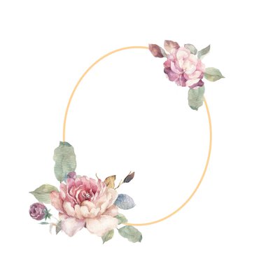 Düğün davetiyesi, yapraklı pembe çiçekler ve çiçekli davetiye, geometrik altın çerçeveli buket. Beyaz arkaplan