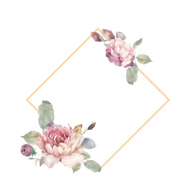 Kırmızı, beyaz ve mavi güller, şakayık ve leylak çiçekleri ve yeşil yapraklar düğün davetiyesi, yapraklı pembe çiçekler ve çiçekli davetiye kartı, kare yatay altın çerçeveli buket. Tebrik kartı