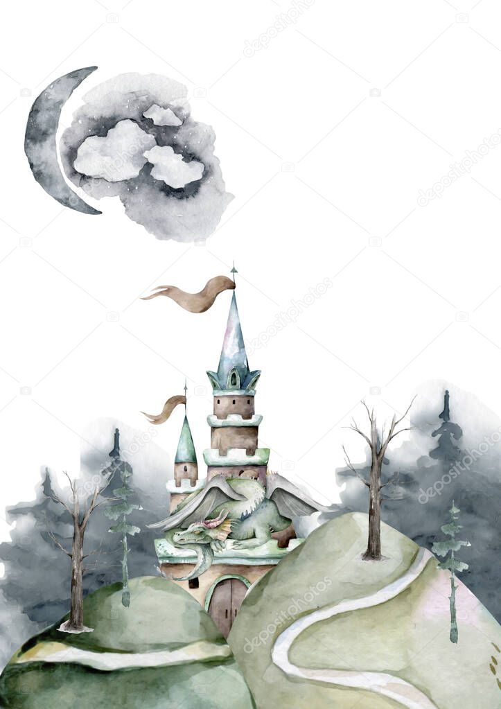 Panorama with medieval castle. Hand drawn watercolor cute cartoon illustration in forest background