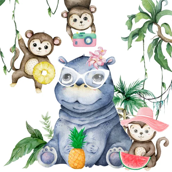 Bebê bonito Hippo com macaco Mão desenhado adorável aquarela animais africanos ilustração no fundo branco — Fotografia de Stock