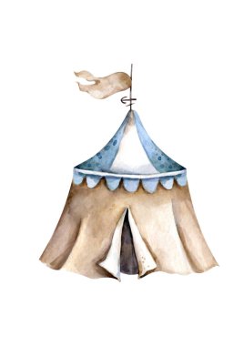Şirin çadır el çizilmiş suluboya sirk beyaz arka planda izole edilmiş.