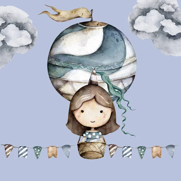 Balonla uçan kız. Mavi arkaplanda elle çizilmiş suluboya karikatür çizimi. — Stok fotoğraf