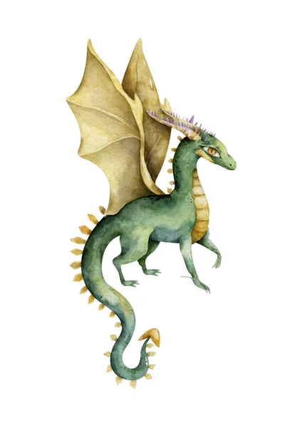 Goldener und grüner niedlicher Drache. Handgezeichnete Aquarell Cartoon isolierte Illustration auf weißem Hintergrund — Stockfoto