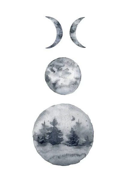 Phases Lune Aquarelle Isolées Sur Fond Blanc — Photo