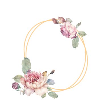 Kırmızı, beyaz ve mavi güller, şakayık ve leylak çiçekleri ve yeşil yapraklar düğün davetiyesi, yapraklı pembe çiçekler ve çiçekli davetiye kartı, kare yatay altın çerçeveli buket. Tebrik kartı