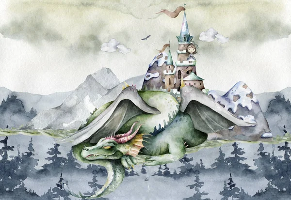 knight and flying dragon around castle. Cartoon hand drawn illustration on white background