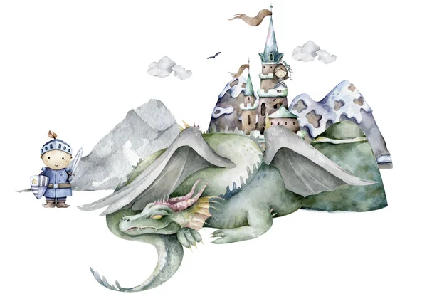 Çocuk şövalye ve yeşil ejderha dağ ve kalenin etrafında. Maceracı çocuk, beyaz arka planda çizgi film çizen çocuk çizimi — Stok fotoğraf