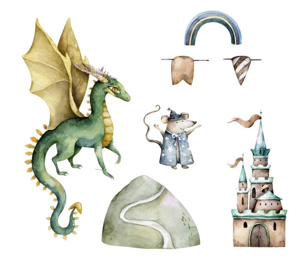 Ein niedlicher Drache vor einem Märchenschloss auf einem Hügel. Handgezeichnete Aquarell isolierte Set Cartoon-Illustration — Stockfoto